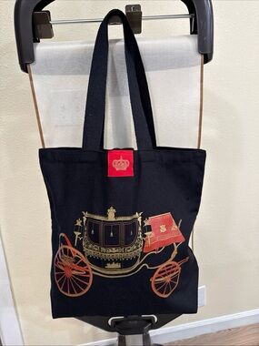 Source Unknown Black Canvas Tote with Gold and Red Carriage Motif
